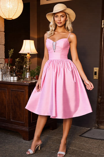 Pink Satin A Line Spaghetti Straps Midi Homecoming Dress